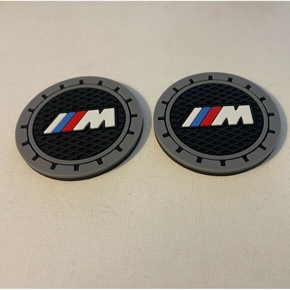 BMW Motorsports car cup Coasters in black and gray with logo Set of 2 NWT - Picture 2 of 4